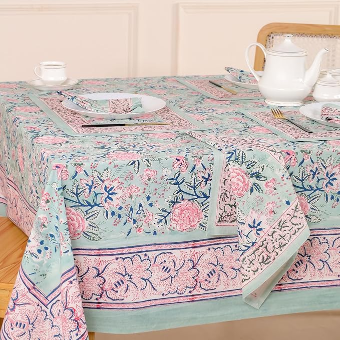 Hand Block Printed Table Cover - Exquisite Design, Premium Cotton Fabric, Perfect for Dining and Decor, Dining Table Linen (Mint Green, 6 Seater 60 x 90 Inches Rectangle)