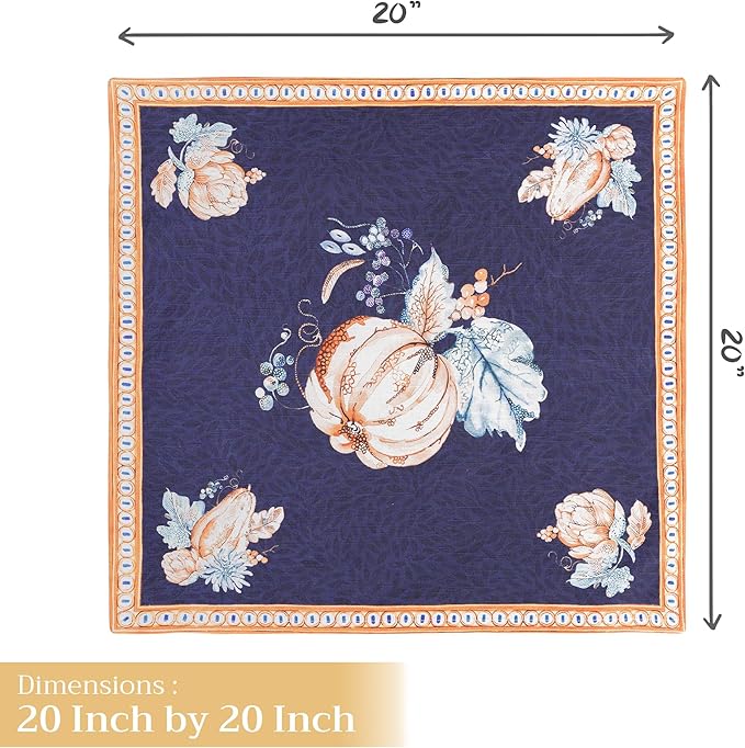 Maison d' Hermine Cloth Napkins Set of 4 100% Cotton for Thanksgiving Christmas Decorations Everyday Reusable Square Fall Napkins Cloth Washable Dinner Party (Pumpkin Blues, 20"x20")
