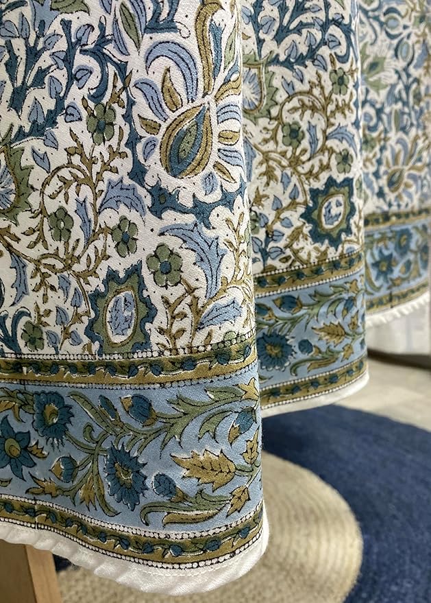 Ridhi Block Print Round Indigo Flower Reusable Tablecloth 100% Cotton 110" Inch Decorative Table Cover eveyday Dining, Home, Party, Wedding, Farmhouse Gift for Spring, Easter, Valentine