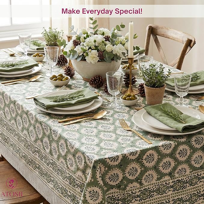 ATOSII Kari Green 100% Cotton Rectangle Boho Fall Tablecloth, Handblock Floral Table Cloth Linen for Kitchen Dining I Parties Wedding Outdoors Christmas Thanksgiving I 72 X 120 Inches I 10 Seater