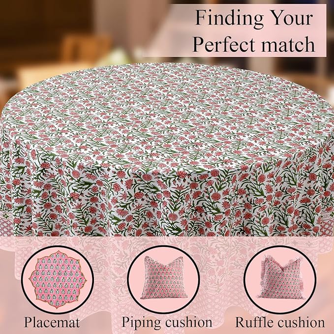 CPC Round Tablecloth- Cotton Indian Block Print Tablecloth -Handmade Printed Washable Cotton Table Cloth - Spring/Summer, Wedding Table Cover - Red Garnet 110 Inches