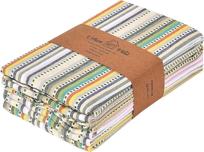 Urban Villa Kitchen Towels Beige Stripes Dish Towels for Kitchen Set of 6 20x30 inches 100% Cotton Highly Absorbent Dish Cloths & Dish Towels with Hanging Loop Bar Hand Tea Towels