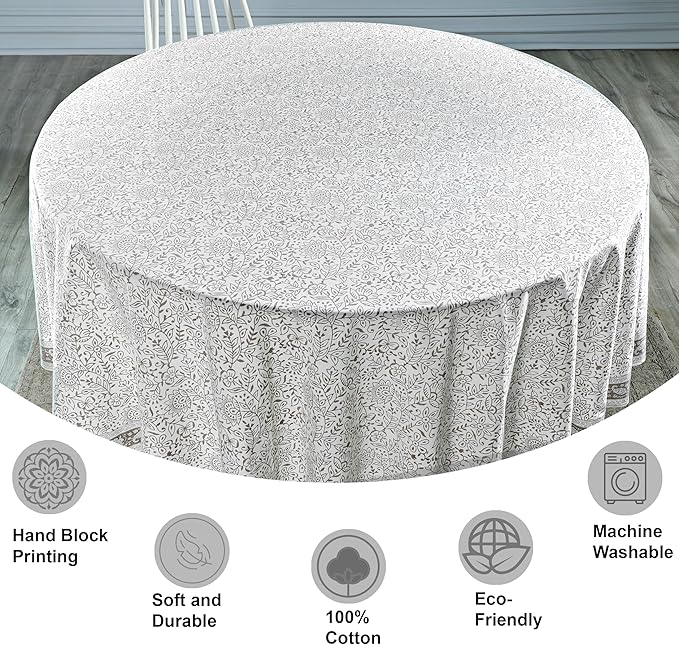 Ridhi Block Print Round Taupe Jal Reusable Tablecloth 100% Cotton 120" Inch Decorative Table Cover eveyday Dining, Home, Party, Wedding, Farmhouse Gift for Spring, Easter, Valentine