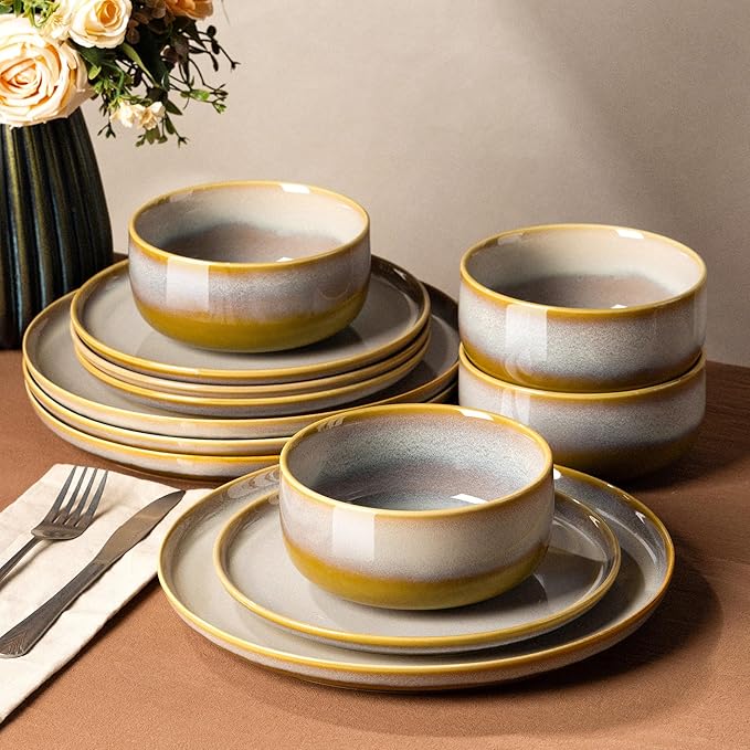 TheTerra Ceramic Dinnerware Sets for 4, 12 Pieces Handmade Reactive Glaze Plates and Bowls Set, Scratch Resistant Dish Set, Oven & Microwave & Dishwasher Safe, Autumn Haze