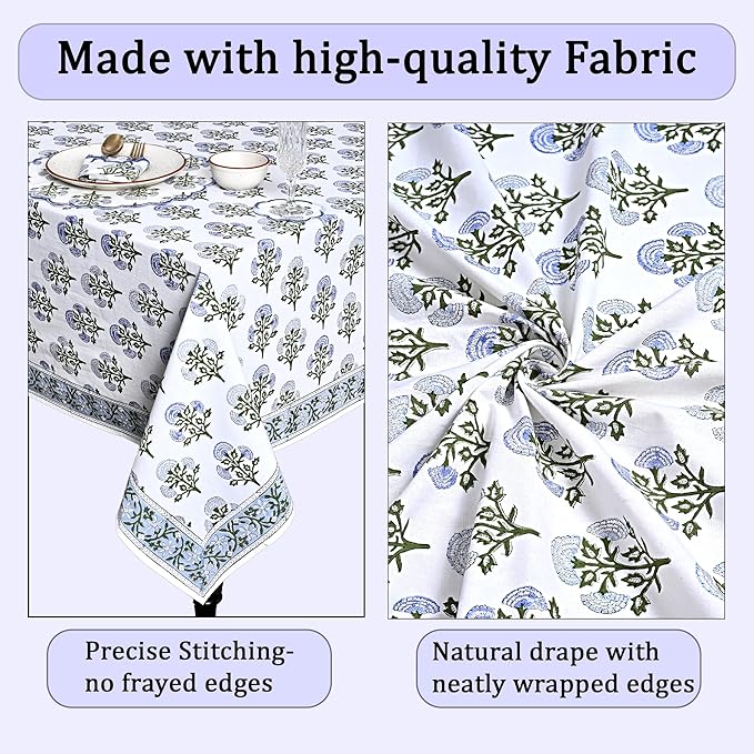 Ridhi Hand Block Print Mughal Buta Blue Rectangle Cotton Tablecloth 120" x 80" Reusable Table Cover Decorative Everyday Use for Dining, Farmhouse, Home Gift for Spring, Easter, Valentine