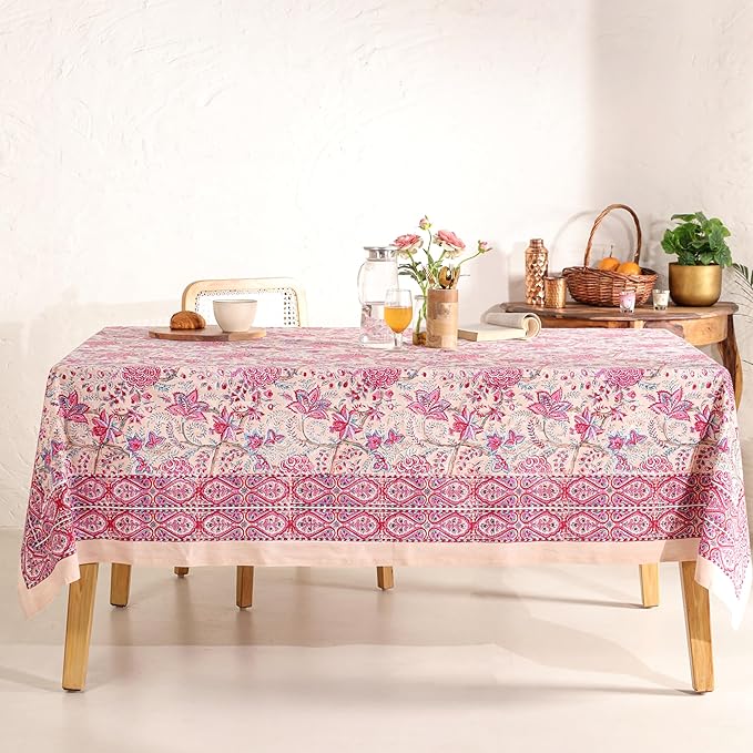 Hand Block Printed Table Cover - Exquisite Design, Premium Cotton Fabric, Perfect for Dining and Decor, Dining Table Linen (Rose Tangerine Grace, 8 Seater 72 x 108 Inches Rectangle)