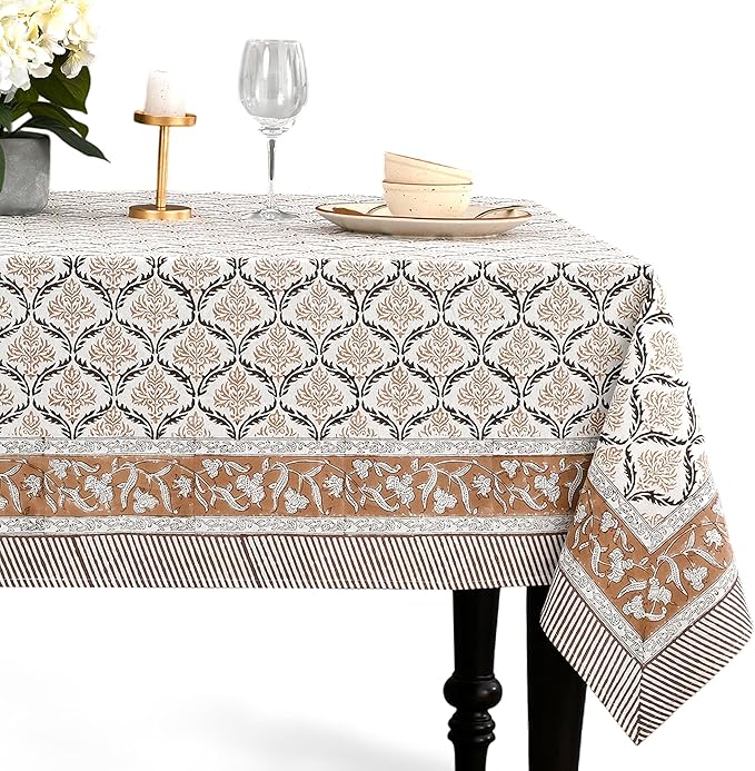 CPC Sandstone Regal Tablecloth 100% Cotton 70x118 Inch Indian Block Print Rectangle Table Cover, Table Cloth for Gifting in Weddings, Halloween, Fall, Christmas, Thanksgiving