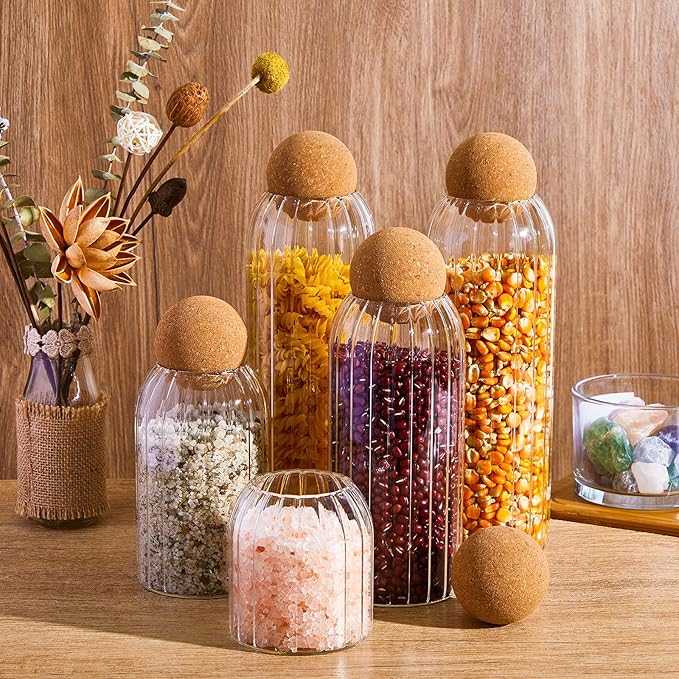 Suclain 5 Pack Glass Jar Set with Spherical Cork Ball 4 Sizes Food Storage Tank Candy Jars Coffee Canister Airtight Jars for Kitchen Ball Bottle Holder Spice Sugar Tea (Vertical Pattern Style)