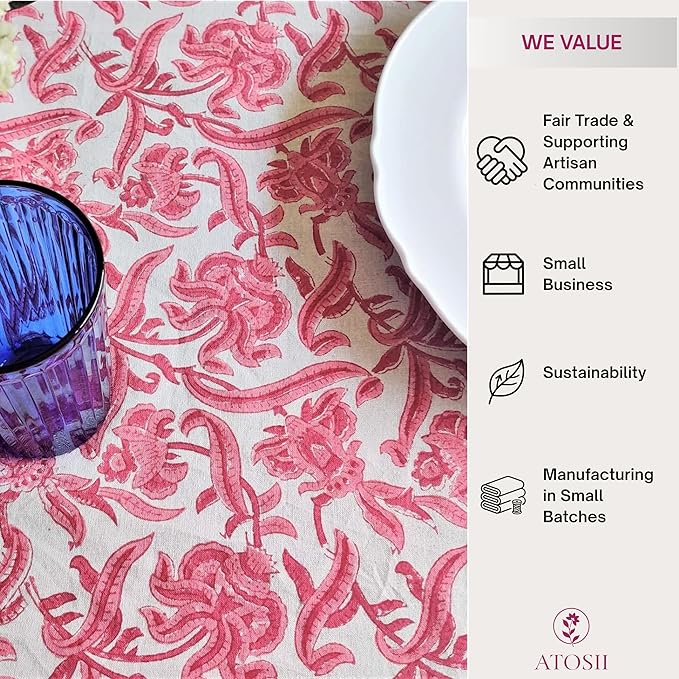 ATOSII Red Bloom 100% Cotton Rectangle Tablecloth, Block Print Floral Linen Table Cloth for Dining Parties Outdoors Weddings Holidays I 72 X 140 Inches, 12 Seater, Summer Farmhouse Grandmillennial