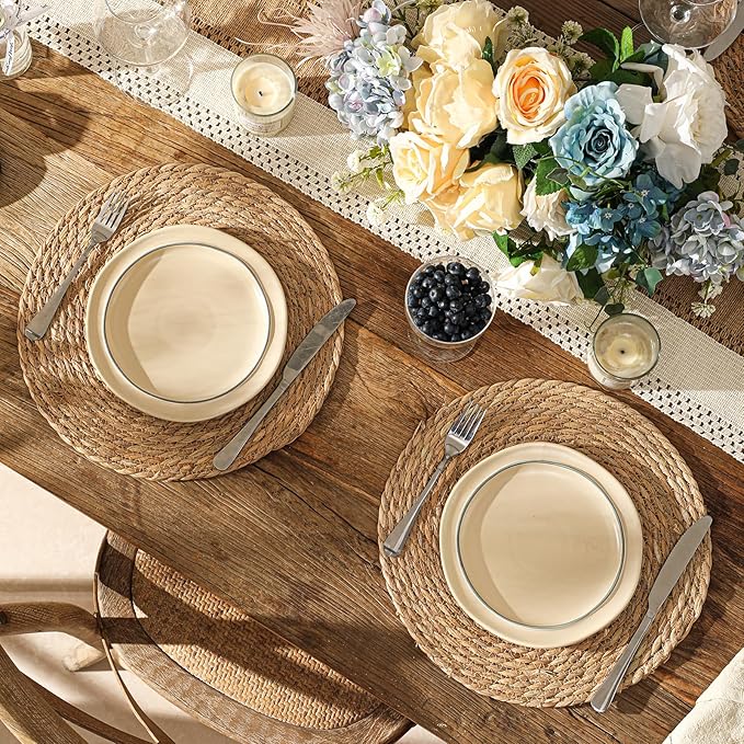 Round Woven Placemats Set of 6, 13.5'' Boho Rattan Chargers for Dinner Plates, Rustic Wicker Place Mats, Straw Braided Table Placemats, for Dining Table Decor, Wedding, Farmhouse and Home Decor