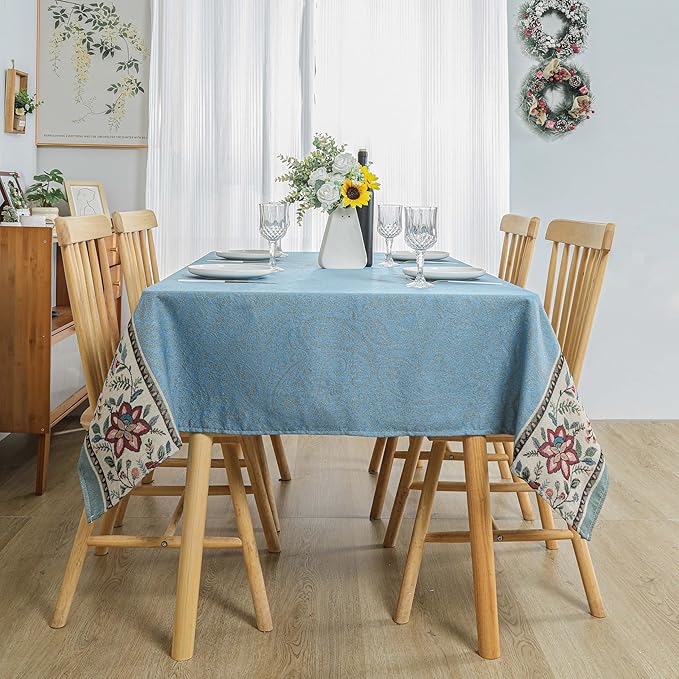 Dimatic Cotton Linen Rectangular Botanical Pattern Tablecloth for Kitchen, Dining Table, Picnic, Party Holiday Decoration Table Cover, Blue 55 x 86 Inches