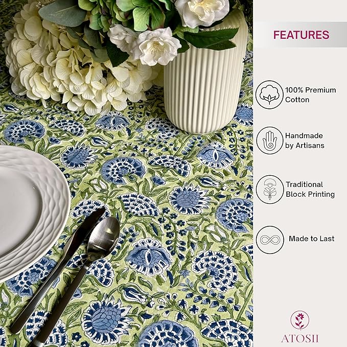 ATOSII Amara 100% Cotton Round Summer Tablecloth, Handblock Print Floral Table Cloth for Kitchen Dining Linen I Parties, Weddings, Outdoors I Grand Millennial Farmhouse Home Decor 72" Inches Round