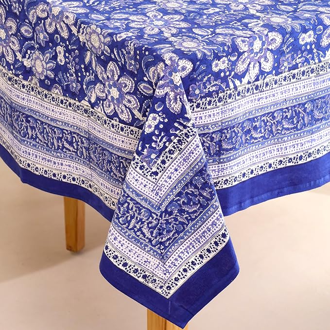 Hand Block Printed Table Cover - Exquisite Design, Premium Cotton Fabric, Perfect for Dining and Decor, Dining Table Linen (Blue Petal Harmony, 6 Seater 60 x 90 Inches Rectangle)