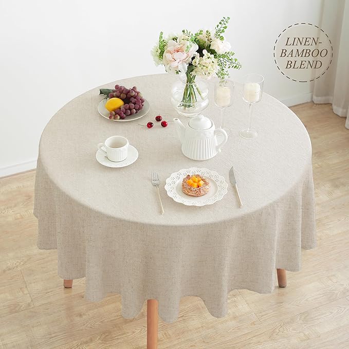 Linen World Round Linen Blend Tablecloth 90" Inch,Linen Loook Soft Cool & Breathable,Machine Washable Natural Table Cloth for Dining,Kitchen,Outdoor,Decorative Thanksgiving Christmas