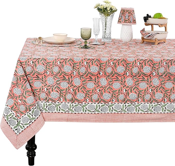 Ridhi Hand Block Print Dark Salmon Pink Rectangle Cotton Tablecloth 90" x 60" Reusable Table Cover Decorative Everyday Use for Dining, Farmhouse, Home Gift for Spring, Easter, Valentine