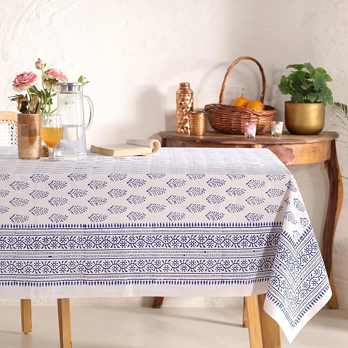 Hand Block Printed Table Cover - Exquisite Design, Premium Cotton Fabric, Perfect for Dining and Decor, Dining Table Linen (Blue Buti, 12 Seater 72 x 135 Inches Rectangle)
