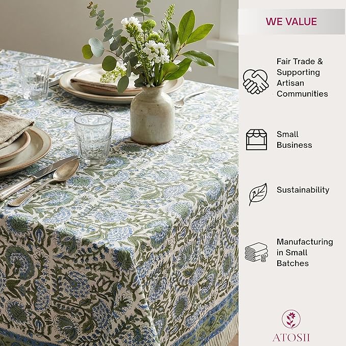 ATOSII Clover Blue 100% Cotton Square Fall Tablecloth, Handblock Floral Linen Table Cloth for Kitchen Dining Table I Parties Christmas Thanksgiving I Fall Home Decor 60 X 60 Inches I 4 Seater