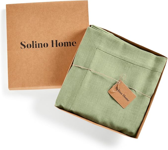 Solino Home Linen Tablecloth 54 x 72 Inch - 100% Pure Linen Chambray Olive Table Cloth for Rectangular Tables - Athena, Machine Washable Cloth Tablecloth for Spring, St Patricks Day