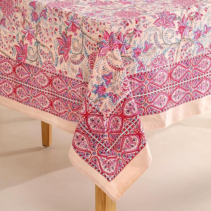 Hand Block Printed Table Cover - Exquisite Design, Premium Cotton Fabric, Perfect for Dining and Decor, Dining Table Linen (Rose Tangerine Grace, 8 Seater 72 x 108 Inches Rectangle)