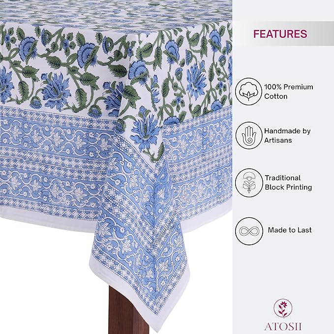 ATOSII Taj 100% Cotton Summer Tablecloth, Block Print Floral Rectangle Table Cloth for Dining Table I Parties Wedding Outdoors, Grand Millenial Decor 60 X 108 Inches I 8 Seater