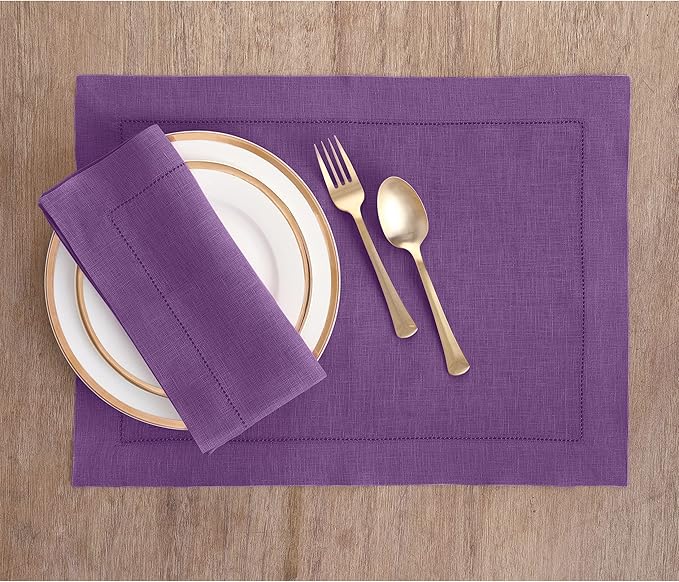 Solino Home Linen Placemats Set of 4 - Classic Hemstitch Purple Placemats 14 x 19 Inch - 100% Pure Linen Table Mats for Winter, Spring, Easter, Valentines