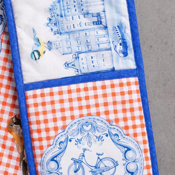 Maison d' Hermine Double Oven Mitts 100% Cotton 7"x35" Double Oven Mitt Heat Resistant BBQ Cooking Gloves with Loop, Baking, Grilling, Home, Kitchen, Handling Hot Pans Spring Summer (Amsterdam Canals)