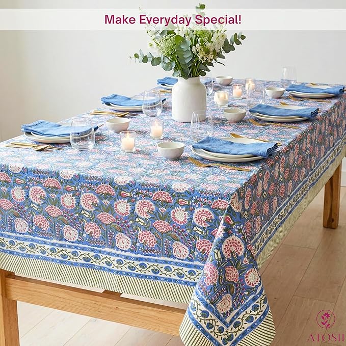 ATOSII Clover Pink 100% Cotton Fall Tablecloth, Handblock Print Rectangle Table Cover for Kitchen Dining Linen I Parties, Weddings, Outdoors, Easter Table Cloth Decor 60 X 108 Inches I 8 Seater