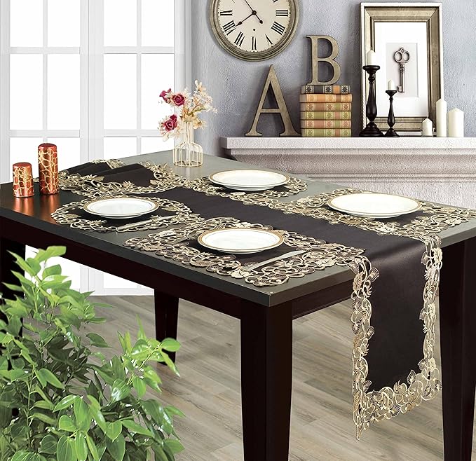 Decozen Set of 4 Doilies for Table, Lace Doilies - Rustic, Crochet, Farmhouse, Kitchen, Dining Table Centerpiece Decor - Round Christmas Placemats - 15 inch Gold Black, The Tarantino Collection
