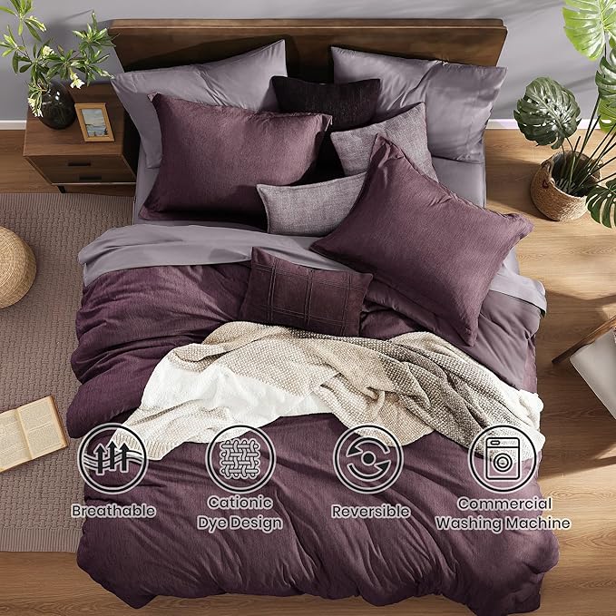Monbix Twin XL Comforter Set Italian Plum, Cationic Dyeing Bedding Set Reversible 5 Pieces, All Season Bed in a Bag with Comforter, Sheets, Pillowcase & Sham