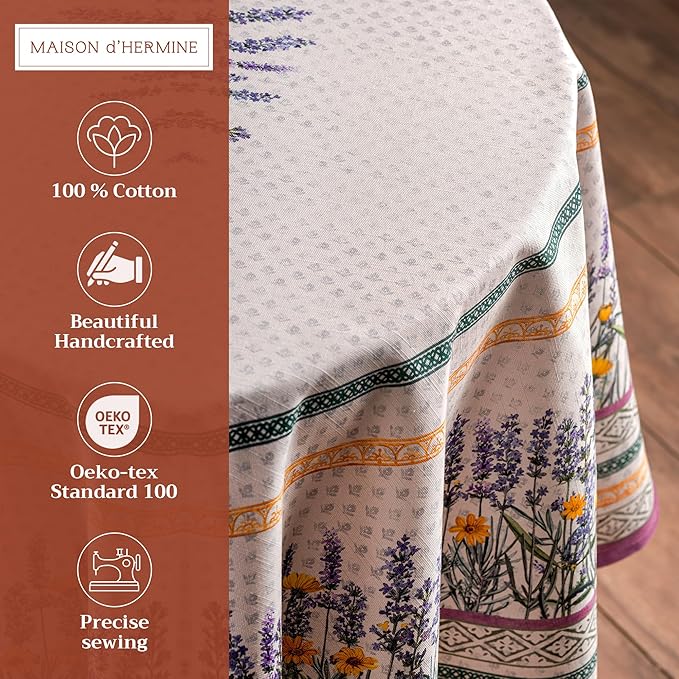 Maison d' Hermine Table Cloth Round Table 100% Cotton 69 Round Inches Tablecloth Reusable Decorative for Dining Room Farmhouse Home Valentines Day Decorations Spring Summer - Fanny Lavender