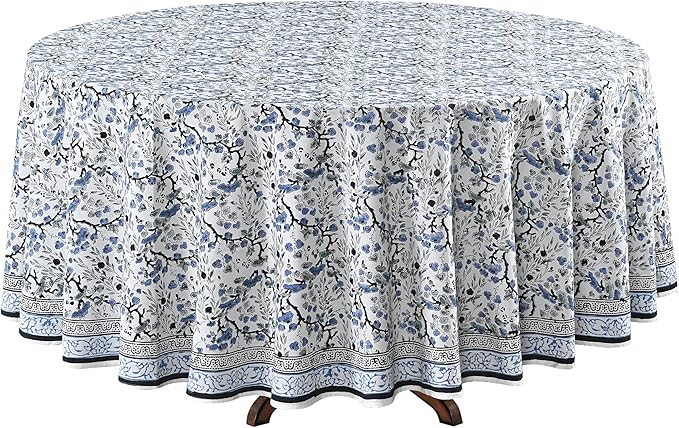 Ridhi Block Print Round Spruce Carolina Blue Reusable Tablecloth 100% Cotton 110" Inch Decorative Table Cover eveyday Dining, Home, Party, Wedding, Farmhouse Gift for Spring, Easter, Valentine