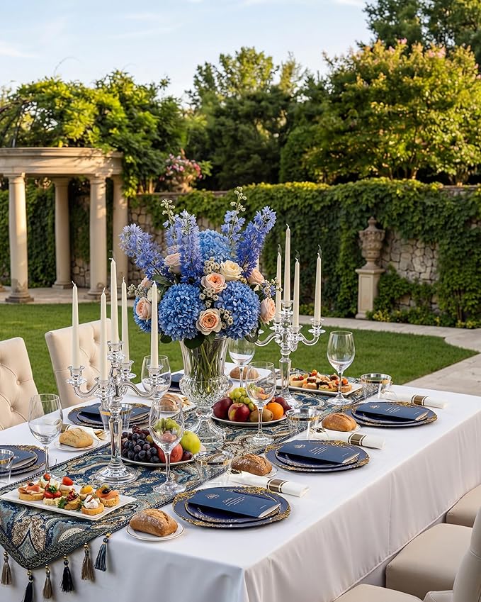 Nervure 350Pcs Blue Plastic Plates - Blue Gold Plastic Dinnerware Sets for 50 Guests - 100 Navy Gold Disposable Plates, 50 Pre Rolled Silverware, 50 Cups Perfect for Wedding & Party