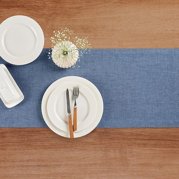 Solino Home Linen Table Runner 108 Inches Long - Athena, 100% Pure Linen Blue Denim Dining Table Runner 14 x 108 Inch for Winter, Spring, Easter