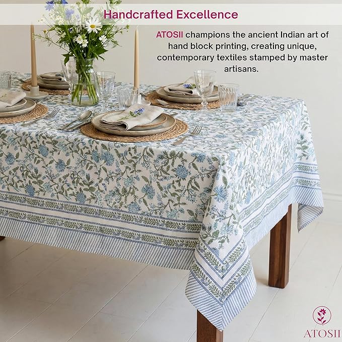 ATOSII Mahoka Blue 100% Cotton Rectangle Summer Tablecloth, Handblock Floral Linen Table Cloth for Kitchen Dining Table I Parties Weddings Outdoors Home Decor 72 X 120 Inches I 10 Seater