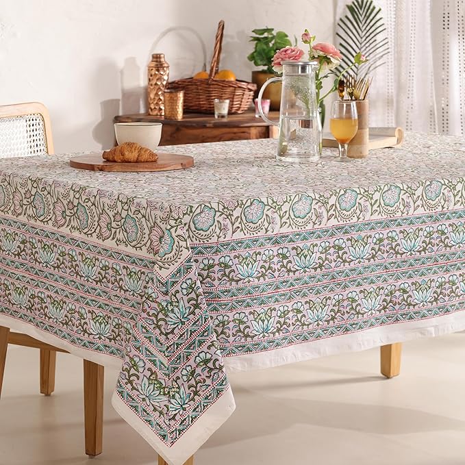 Hand Block Printed Table Cover - Exquisite Design, Premium Cotton Fabric, Perfect for Dining and Decor, Dining Table Linen (Rosy Dawn Delight, 12 Seater 72 x 135 Inches Rectangle)