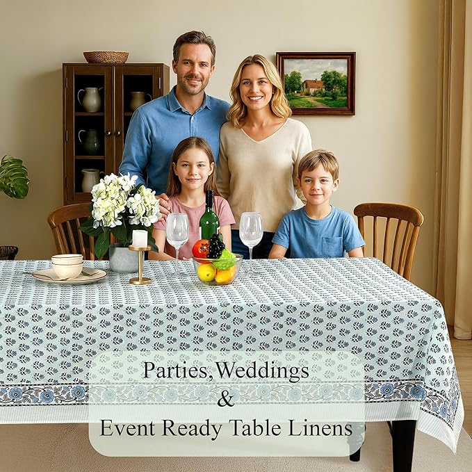 CPC Tablecloth 100% Cotton 70x108 Inch Indian Block Print Rectangle Table Cover, Washable Table Cloth for Weddings, Spring/Summer, Barbeque - Poppy Blue