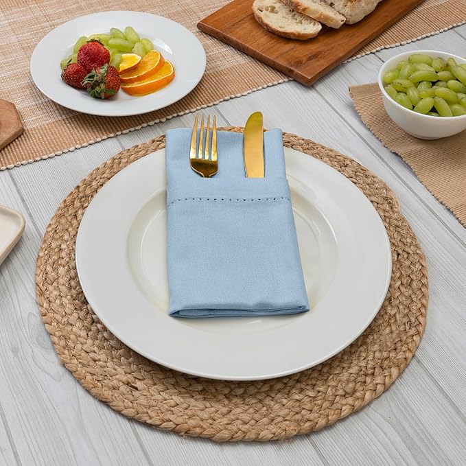 Blue Needles Set of 6 Hemstitch Linen Napkins 100% Cotton Ice Blue Cloth Dinner Napkins 18x18 inches, Soft, Reusable, Absorbent, Washable, Ideal for Wedding Events, Parties & Everyday Use