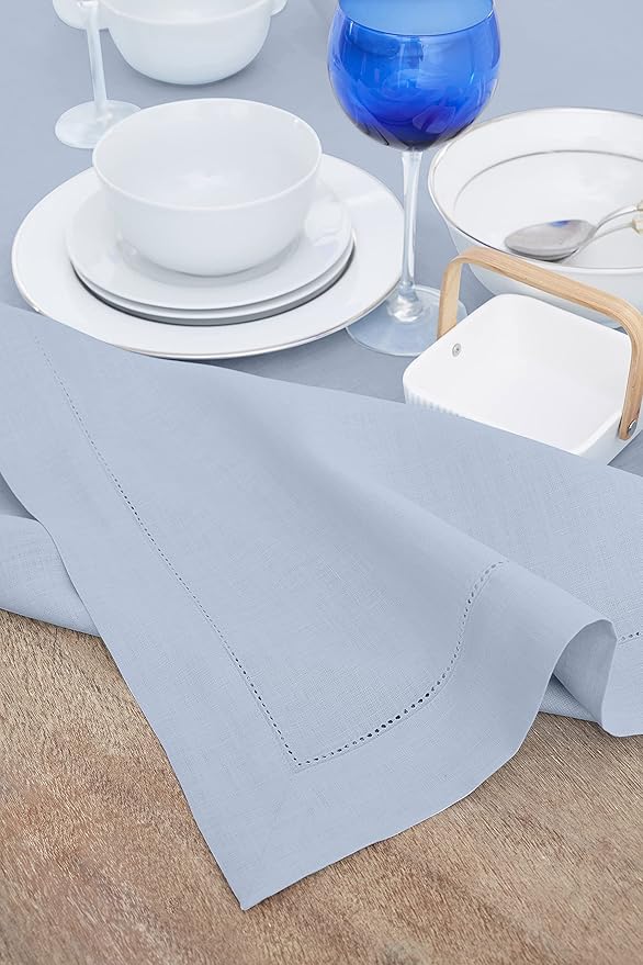 Solino Home Linen Tablecloth for Rectangle Tables 60 x 132 Inch - Classic Hemstitch 100% Pure Linen Sky Blue Table Cloth - Machine Washable Cloth Tablecloth for Spring, Easter