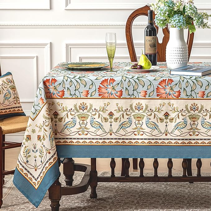 Designer French Linen Table Cloth for Rectangle Tables,Vintage Iris Floral Pattern Tablecloth,Colorful Table Cover for Kitchen Dining,Fall Holiday,Thanksgiving, 60x102