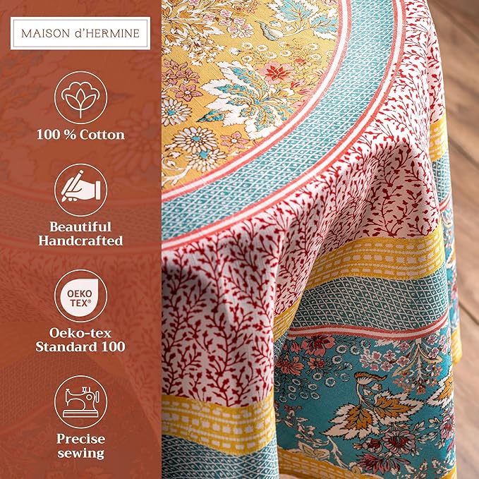 Maison d' Hermine Table Cloth Round Table 100% Cotton 63 Round Inches Tablecloth Reusable Decorative for Dining Room Farmhouse Home Valentines Day Decorations Spring Summer - Marquise