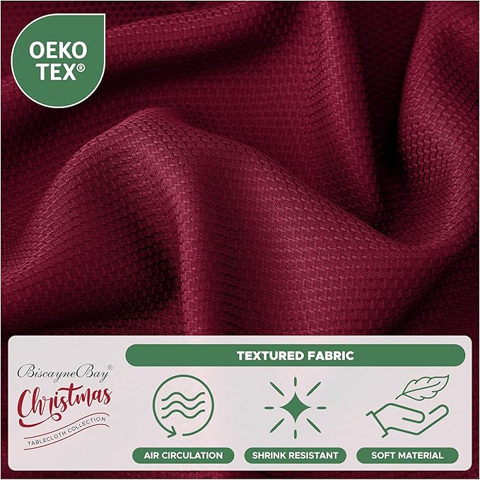 Biscaynebay Textured Fabric Christmas Round Table Cloth 120", Burgundy Water Resistant Folding Table Covers for Dining, Kitchen, Wedding, Parties etc. Machine Washable