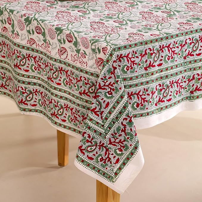 Hand Block Printed Table Cover - Exquisite Design, Premium Cotton Fabric, Perfect for Dining and Decor, Dining Table Linen (Stone Green Blossom, 6 Seater 60 x 90 Inches Rectangle)