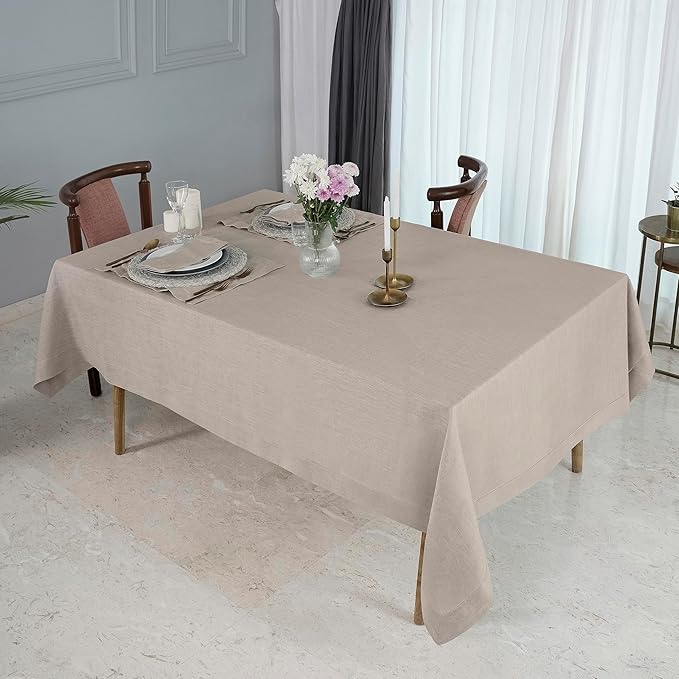 D'Moksha Homes Natural Linen Tablecloth for Rectangle Tables 60 x 90 Inch - 100% Pure Linen Natural Table Cloth - Classic Hemstitch, Machine Washable Tablecloth for Valentines, Spring, Easter
