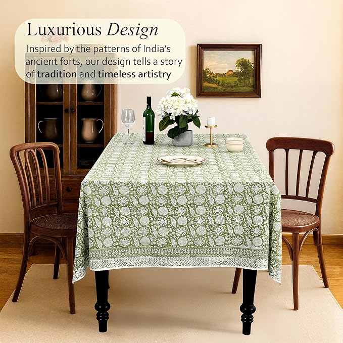 CPC Olive Bloom Tablecloth 100% Cotton 80x120 Inch Indian Block Print Rectangle Table Cover, Table Cloth for Gifting in Weddings, Halloween, Fall, Christmas, Thanksgiving