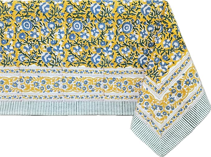 ATOSII Marigold Blue Yellow 100% Cotton Fall Tablecloth, Handblock Print Rectangle Table Cover for Kitchen Dining Linen I Parties, Weddings, Outdoors, Easter Table Decor 60 X 90 Inches I 6 Seater