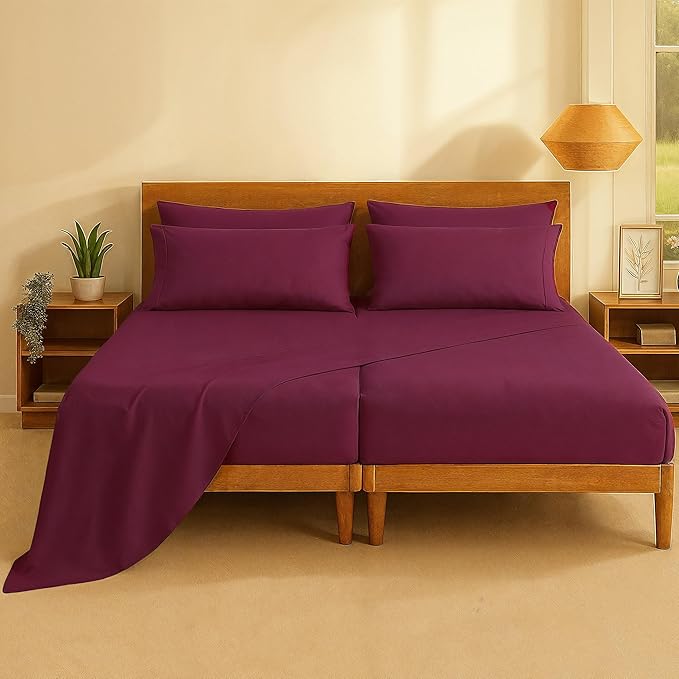 Casa Platino Split King Size Sheet Set – 7 Piece Cooling Sheets Split King Size 100% Cotton Crisp Percale Sheets with Breathable & Cozy Feel, 15" Deep Pocket Fitted Sheet for Secure Fit – Windsor Wine