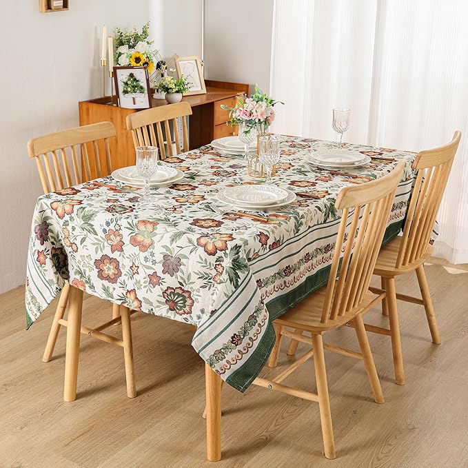 Dimatic Stylish Cotton Linen Rectangular Tablecloth for Kitchen Dining Table, Holiday Party Decorations Table Cover, Floral Green, 55 x 118 Inches