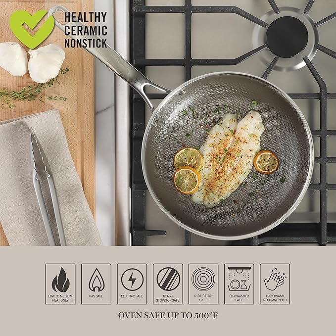 Martha Stewart Badgley Hybrid Nonstick 9.5 Inch TriPly Stainless Steel Fry Pan & Stay Cool Handle - Laser Etched Non-Toxic Perfect Sear Nonstick Skillet - Dishwasher and Induction Safe