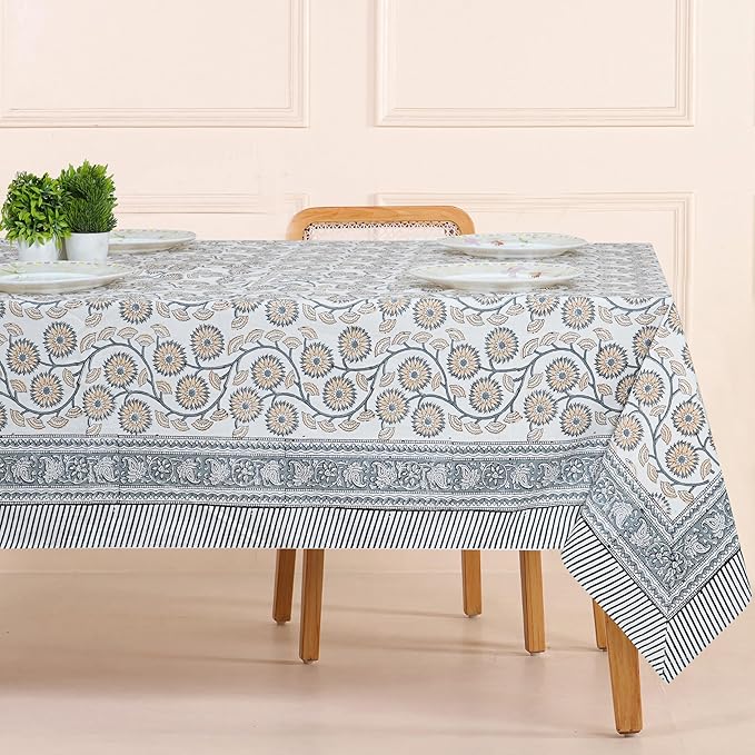 Handblock Print Cotton Tablecloth – 60x90 Rectangular Table Cover 6 Seats – Indian Block Printed Floral Dining Table Linen – Boho Washable Cloth for Kitchen, Party, Outdoor, Off White