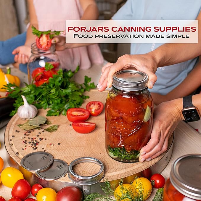 FORJARS - Wide Mouth Canning Lids, 100-Pack – Create Airtight Seals on Mason Jars to Preserve Food for Meal Prep & Emergency Food Storage – 3.4 In. Metal Lids with Silicone Seals – Canning Supplies
